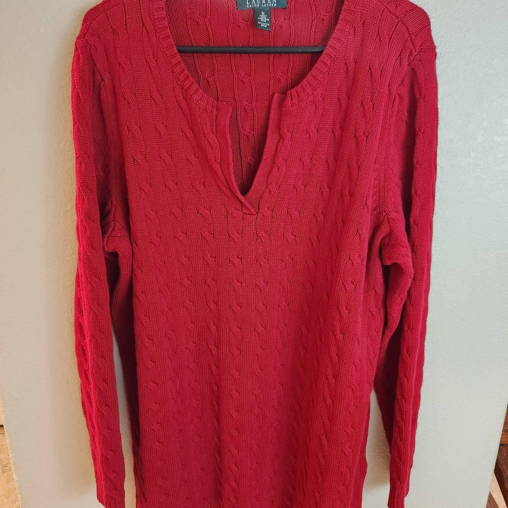 Lauren Ralph Lauren 1X Red Cable Knit Chunky Sweater Christmas V Neck Cardigan